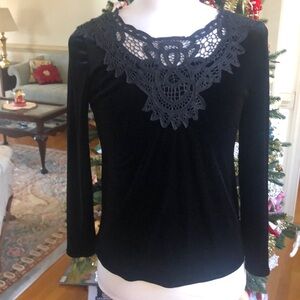 Black velvet and lace long sleeve medium top